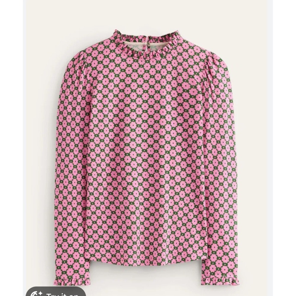 Boden Pink Geometric Floral Super Soft Frill Detail Top NWT Size US 12